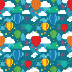 Fotobehang Luchtballon Seamless Pattern, Playful seamless pattern with colorful hot air balloons and whimsical clouds Stock royalty free image.  © Aswinah