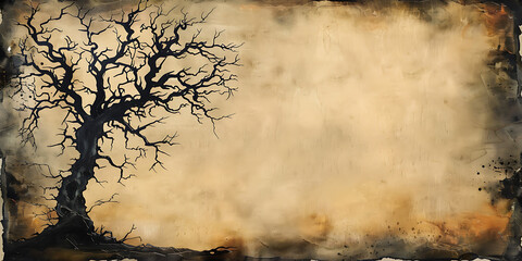 Gnarled, ancient tree silhouette against a vintage, textured parchment background with dark, smoky borders.