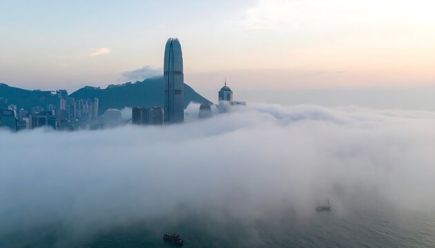 A hazy, ethereal cityscape rises above a sea of clouds, showcasing modern architecture amidst a tranquil atmosphere. - Powered by Adobe