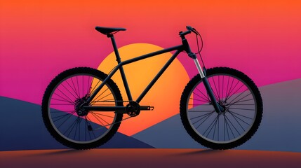 Fototapeta premium Silhouette of a Mountain Bike Against a Vibrant Sunset with Neon Colors and Geometric Shapes