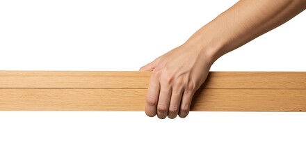 Hand Holding Two Light Brown Wooden Planks Isolated on White Background