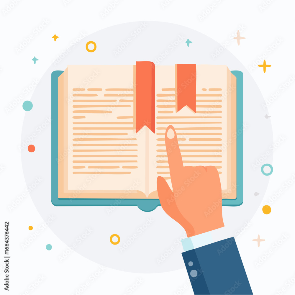 Poster hand pointing to open book with bookmarks