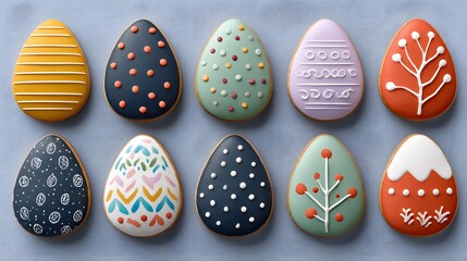 Colorful Decorative Cookies Shaped Like Easter Eggs with Intricate Patterns and Designs