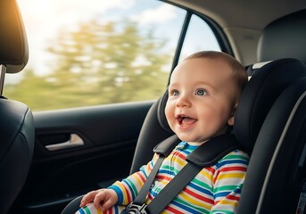 Baby in car seat, happy expression