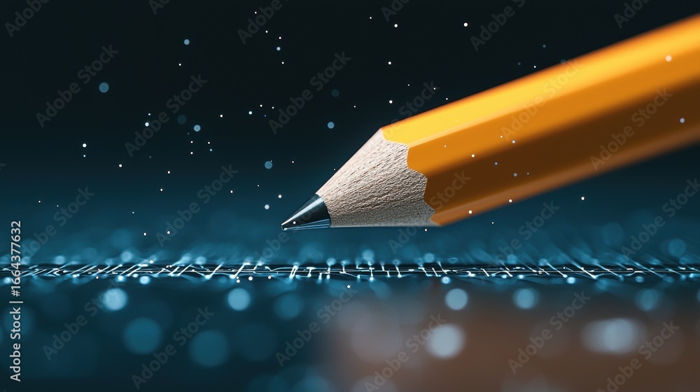 Poster edit pencil icon close up of a pencil hovering over a digital ui, symbolizing the power to create an