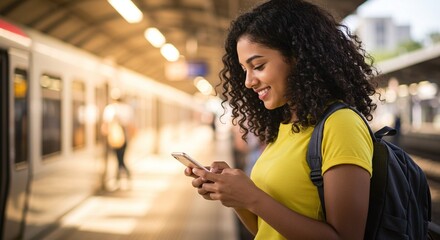 Smiling young woman engaged with her mobile phone while waiting on a bustling train platform, connecting with the digital world during her daily commute