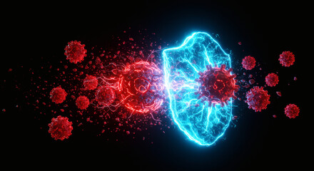 A vibrant, neon blue shield deflects aggressive red virus cells, illustrating robust immune system defense and biological protection against infectious disease