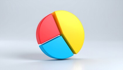 Obraz premium Vibrant three-dimensional pie chart with segments of red, yellow, and blue displayed against a neutral backdrop.