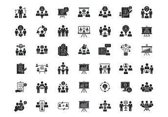 Collection of black and white business icons representing teamwork, meetings, presentations, management, and corporate strategy concepts.