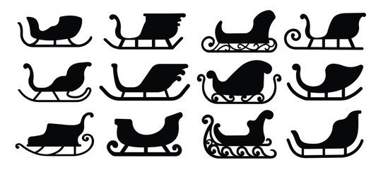 bundle of black silhouettes of santa claus sleigh on white 