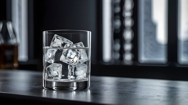 A chilled glass of crystal-clear vodka with ice cubes, placed on a sleek bar counter with a minimalist, elegant backdrop for National Vodka Day.copy space