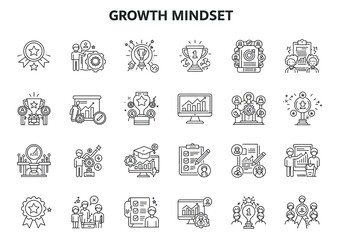 Collection of line art icons representing growth mindset, achievement, and business development concepts.