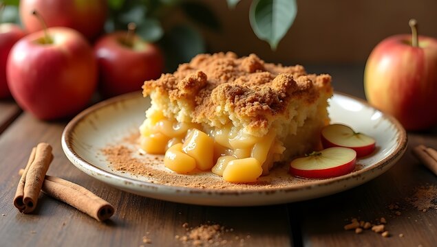 A warm apple betty with tender baked apples, golden crumbs, and a dusting of cinnamon, served on a rustic plate in soft morning light for National Apple Betty Day.