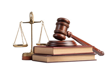 Justice scales and gavel on law books symbolize legal decisions and fairness