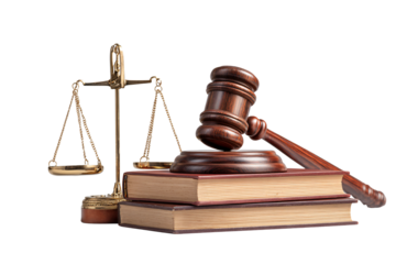 Justice scales and gavel on law books symbolize legal decisions and fairness