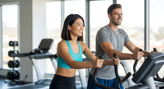 Smiling Man and Woman Training on Elliptical Machine in Modern Gym