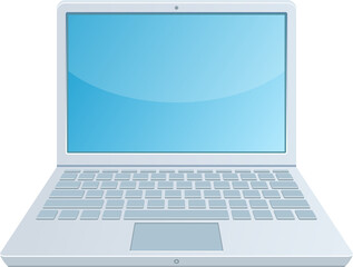 Sleek portable personal computer with a light-colored body, keyboard and bright blue screen.