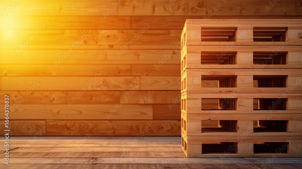 Poster logistic pallet stacked in distribution center neatly stacked pallets in a large distribution center