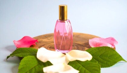 A delicate perfume bottle sits atop a wooden disc, surrounded by vibrant rose petals and lush green leaves, creating a serene and elegant still life.
