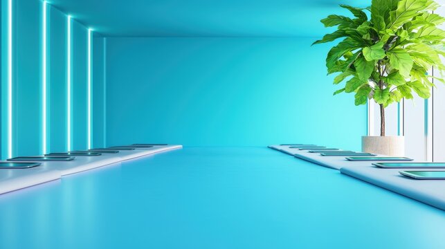 Technology Enhanced Classroom Modern classroom featuring rows of desks with tablets and digital screens, showcasing future oriented education.