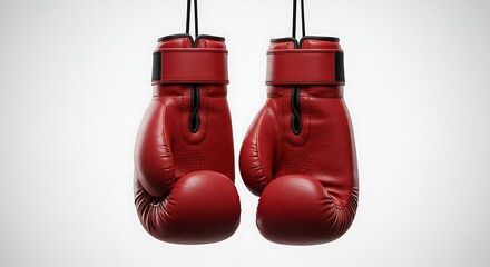 Red Boxing Gloves Hanging Together Against a White Background Ready for a Fight or Training Session