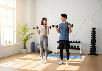 Happy Asian Couple Exercising with Dumbbells in Bright Home Gym