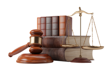 Justice scales and gavel with antique law books symbolize legal authority