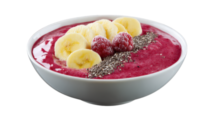 Smoothie bowl with banana slices, raspberries, chia seeds, and vibrant berry puree in white bowl, healthy breakfast concept, fresh and colorful presentation