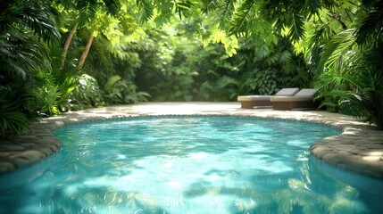 Tropical Pool Scenes Tropical pool with sparkling blue water, surrounded by natural stone paths, greenery, and shaded seating for ultimate relaxation.