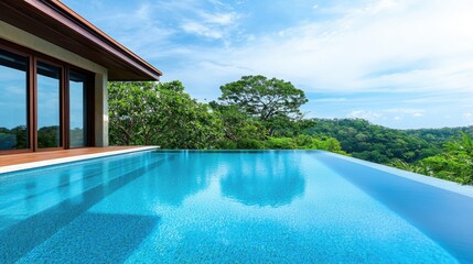 Luxury Infinity Pool A high end infinity pool on a hilltop, blending seamlessly with the horizon, surrounded by lush greenery and modern architecture.