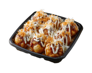 Takoyaki Japanese street food octopus ball mayonnaise bonito flakes savory snack isolated transparency background delicious appetizer. Takoyaki features golden brown exterior creamy interior