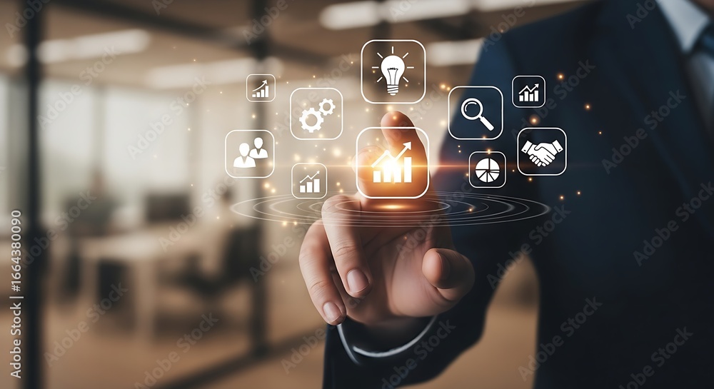 Poster a man in a suit touching a digital interface with various business related icons floating around his