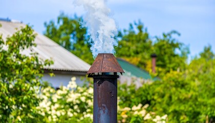Rusted metal chimney exhausts white smoke against a backdrop of out-of-focus greenery and buildings.