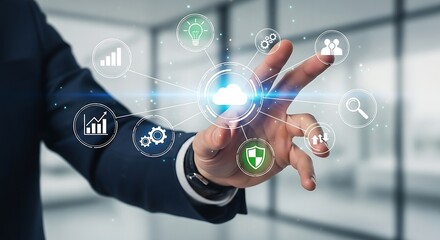 Man in suit interacting with cloud computing interface and various digital icons displayed around it