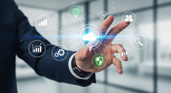 Man in suit interacting with cloud computing interface and various digital icons displayed around it
