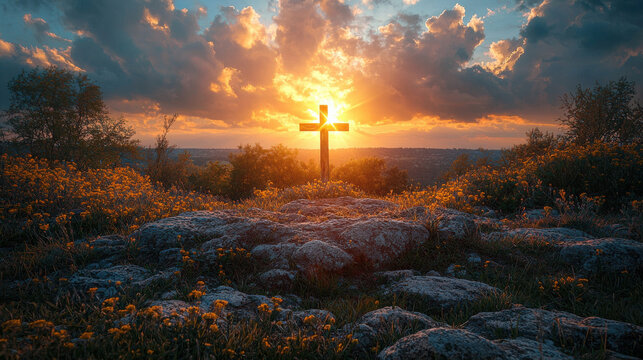 A golden cross, its beams reaching towards a sky bathed in celestial light and punctuated by ethereal clouds, stood sentinel over the rugged landscape of Golgotha Hill, a poignant reminder of 