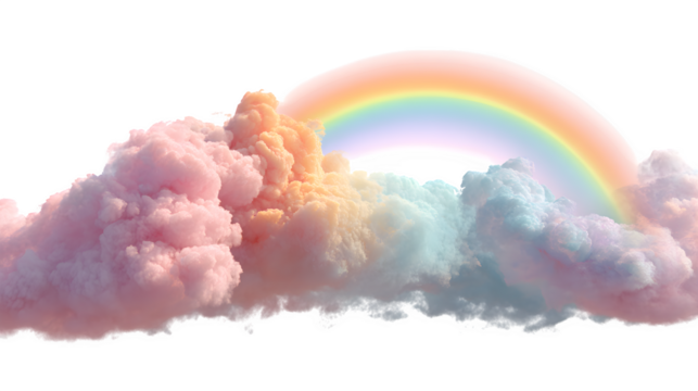 A vibrant rainbow arches over soft, pastel clouds, creating a dreamy and hopeful atmosphere.