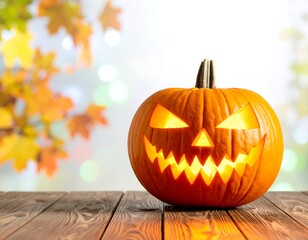 Glowing Jack-o'-lantern on wooden table