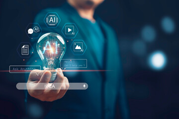 Businessman holding light bulb with AI technology icons, innovation and artificial intelligence concept for future digital transformation, creative idea, machine learning, and smart solutions.