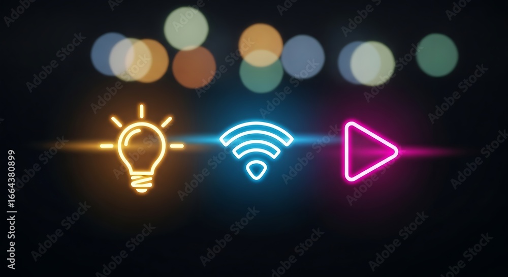 Poster illuminated light bulb wifi symbol and play button neon icons on a dark background with bokeh lights