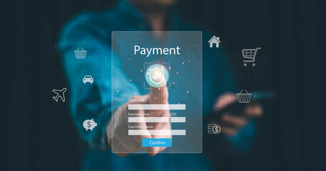 Man making secure online payment with credit card form interface and protection shield icon, fintech concept for digital banking, e-commerce, financial transaction, and cashless economy.
