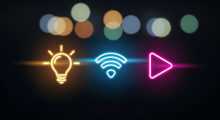 Illuminated light bulb wifi symbol and play button neon icons on a dark background with bokeh lights