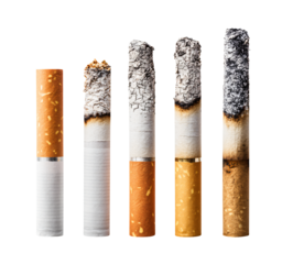 Smoldering cigarettes show progress from full to burnt