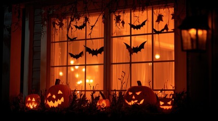 Halloween window decor at night