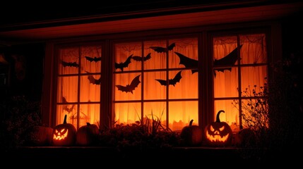 Halloween window decor at night