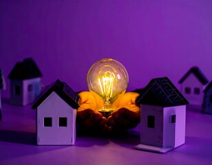 Hands protect a glowing light bulb between houses, symbol of energy, safety and sustainable home power.