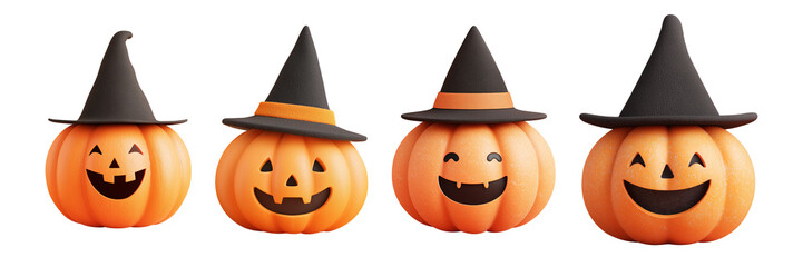Halloween pumpkins set isolated on transparent white background, Smiling jack-o'-lantern with witch hat,halloween pumpkin with witch hat,Carved Halloween pumpkins