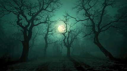 "Haunted Forest Under Full Moon"