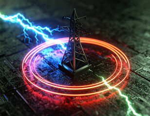 A high-voltage transmission tower stands at the center of a glowing energy field, where electric arcs and neon rings visualize the raw power of modern electricity, technology, and controlled energy