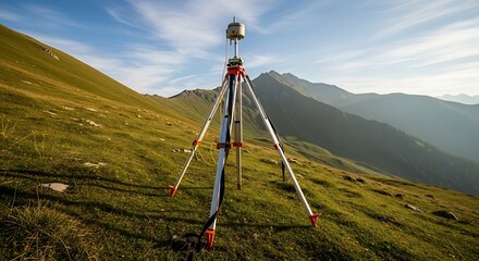 GPS surveying equipment on a tripod in a mountainous landscape at sunrise